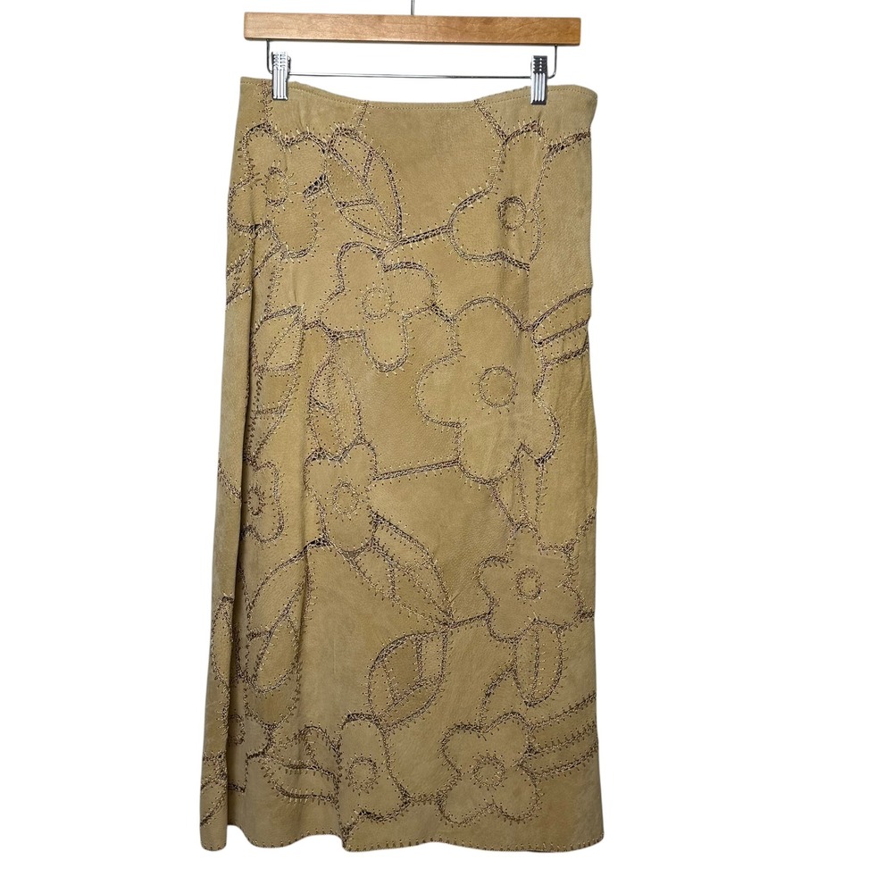 Vintage 90s Dialogue Womens Tan Leather Floral Whipstitch Maxi Skirt western 16